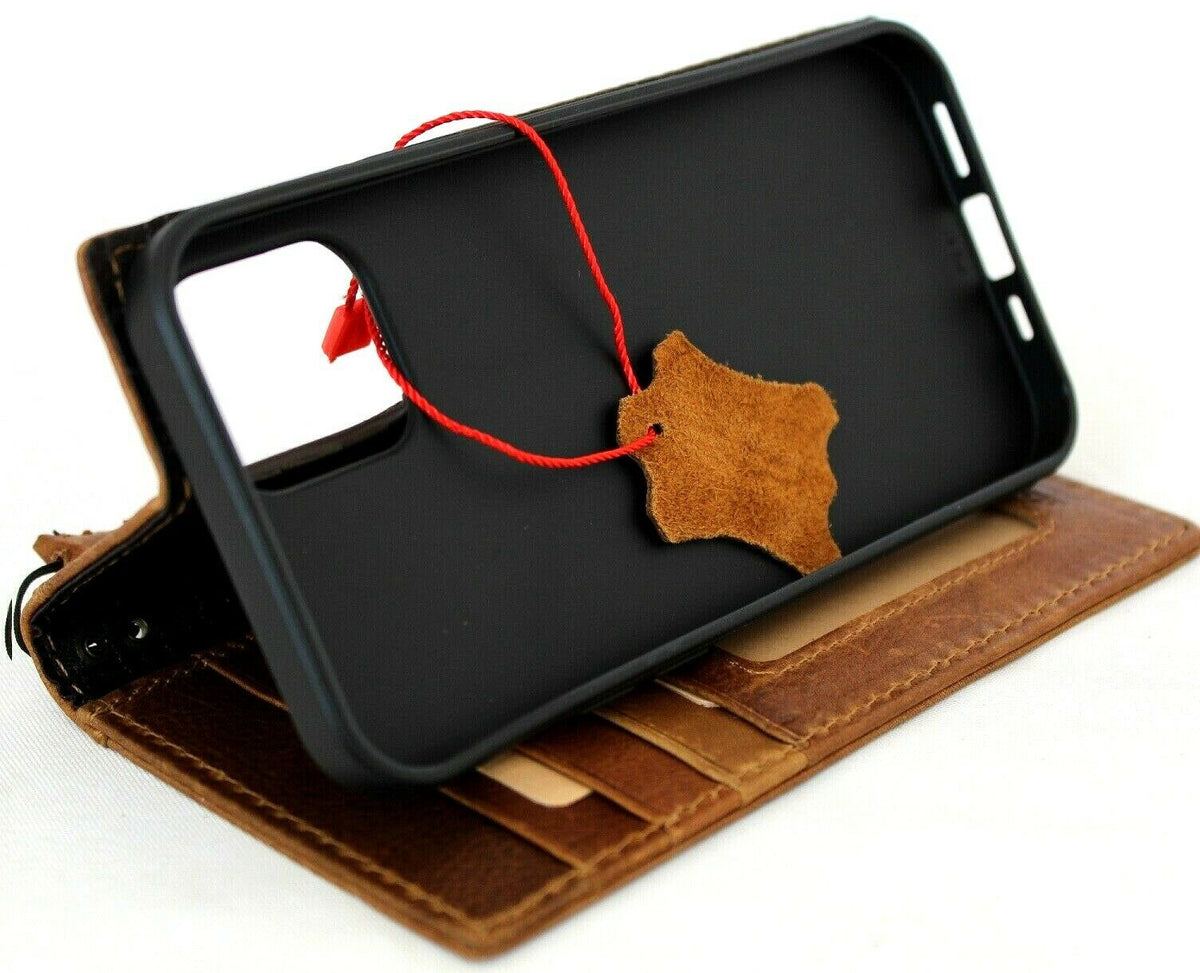 Genuine tan leather case for Apple iPhone 12 Pro, DavisCase handmade soft slim wallet with ID window and credit card slots.