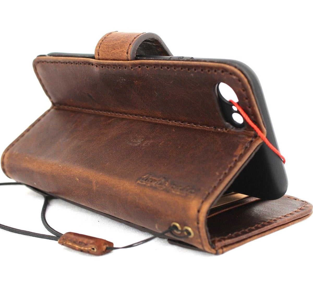 Dark brown vintage leather iPhone SE 2 case by DavisCase, wallet style with card slots, slim design, classic art detail.