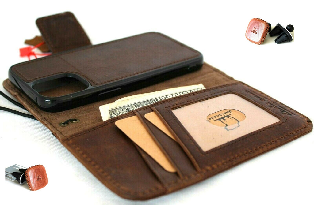 DavisCase genuine dark leather iPhone 12 Mini case with book wallet design, credit card slots, soft closure, and magnetic removable cover