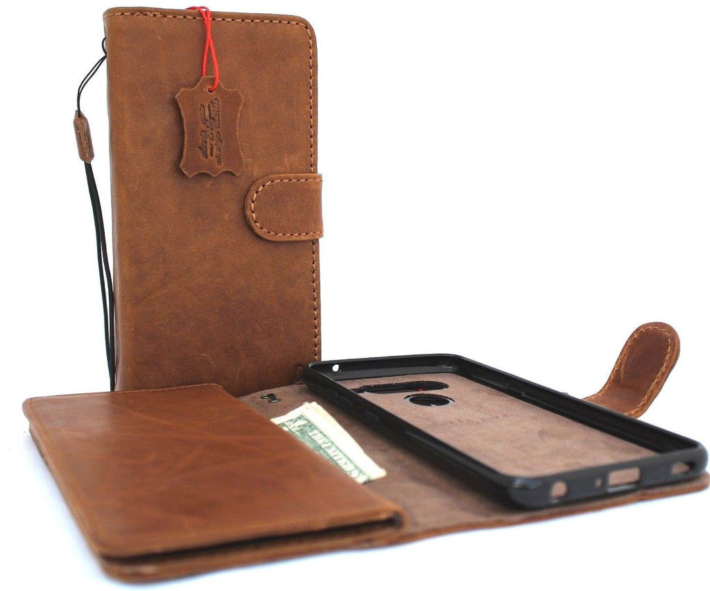 Genuine leather phone case for LG V40 ThinQ with wallet design, card slots, magnetic holder, handcrafted for Galaxy phones.