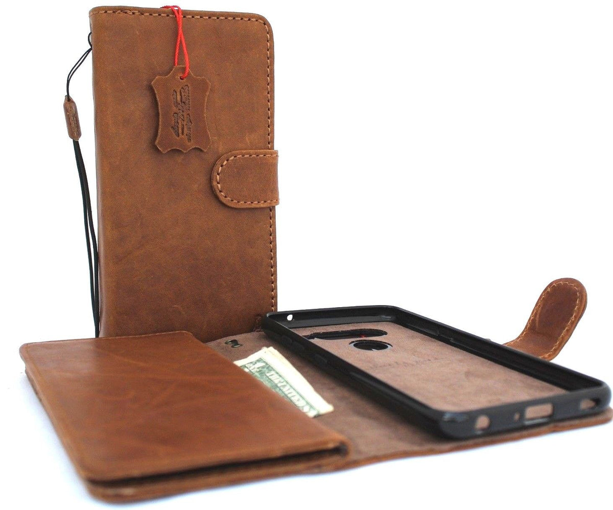 Genuine leather phone case for LG V40 ThinQ with wallet design, card slots, magnetic holder, handcrafted for Galaxy phones.