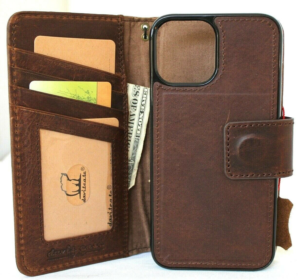 Handmade genuine soft leather phone case for iPhone 12 Pro Max with vintage style, ID window, credit card slots, and magnetic cover.