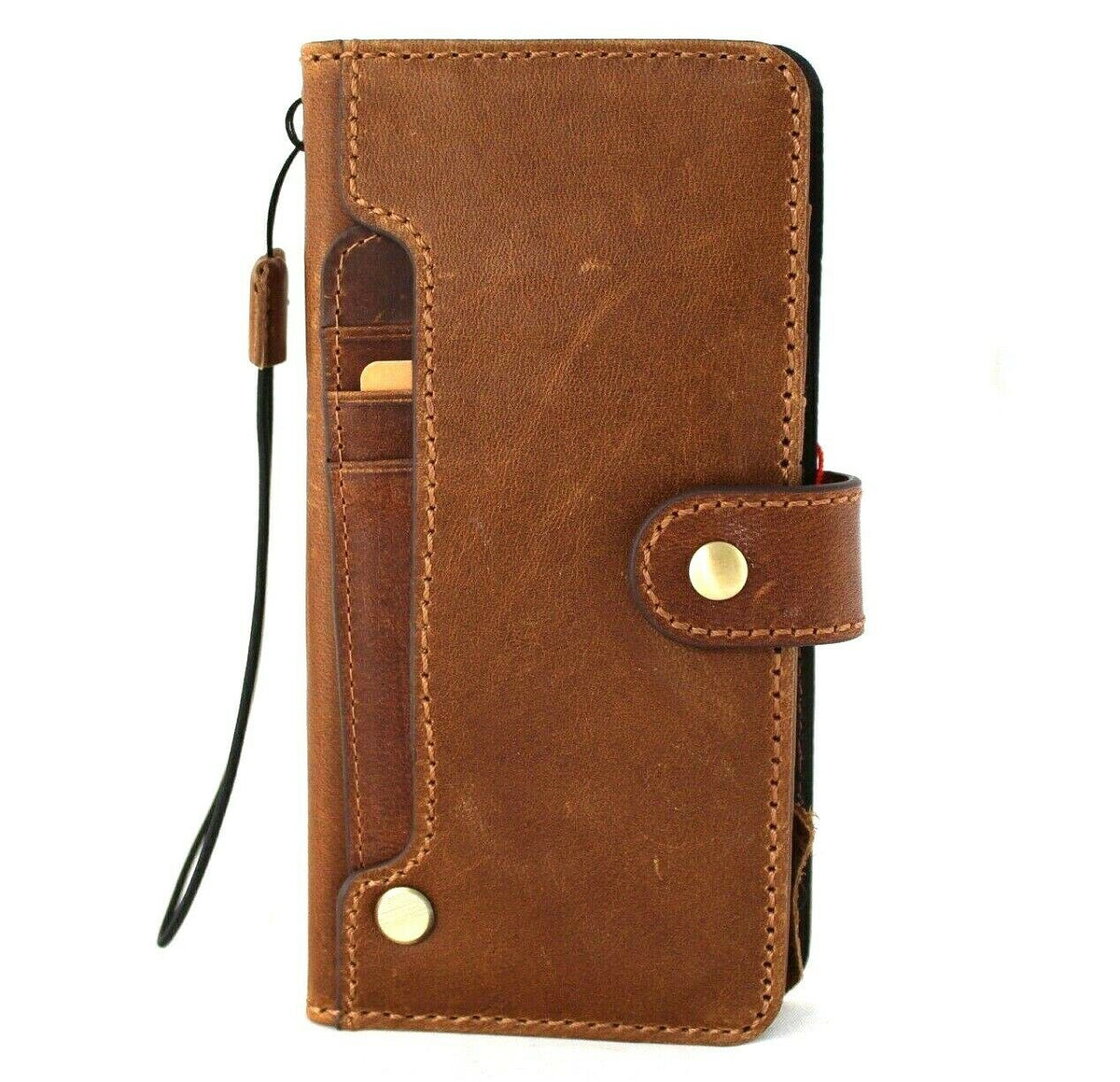 Handmade genuine tan leather Samsung Galaxy S21 Ultra 5G wallet case with rubber holder and wireless charging compatibility by DAVISCASE.