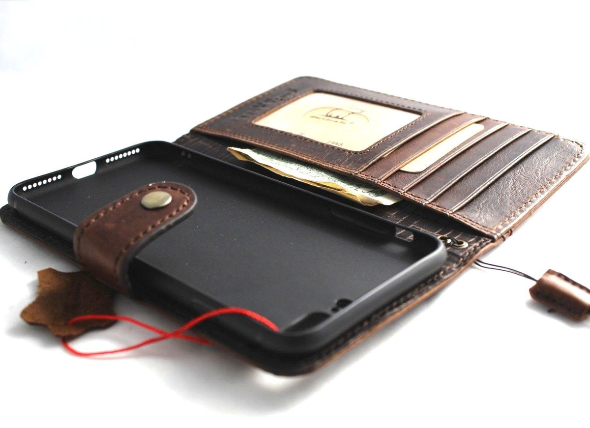 DAVISCASE genuine leather iPhone 8 Plus wallet case with card slots, flip design, soft stand, vintage style, and wireless charging compatibility.