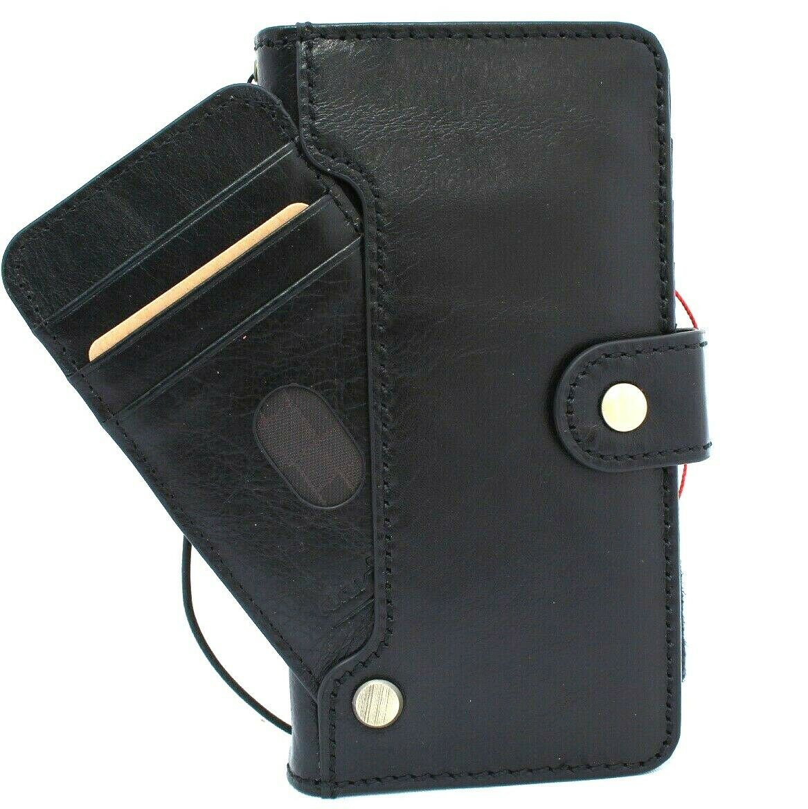 Black leather Samsung Galaxy S20 case with ID window, wallet design, handmade by DavisCase, featuring rubber holder and wireless charging.