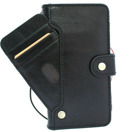 Black leather Samsung Galaxy S20 case with ID window, wallet design, handmade by DavisCase, featuring rubber holder and wireless charging.