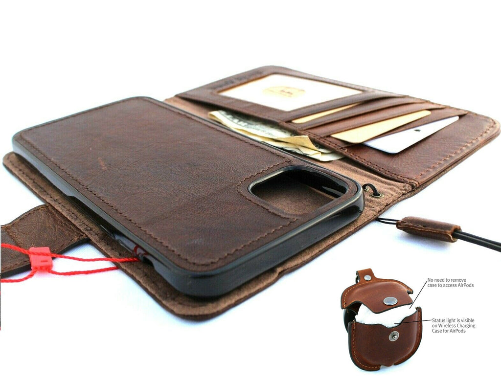 Genuine leather iPhone 11 Pro case by DAVISCASE with vintage wallet design, credit card slots, magnetic closure, and AirPods 2 holder