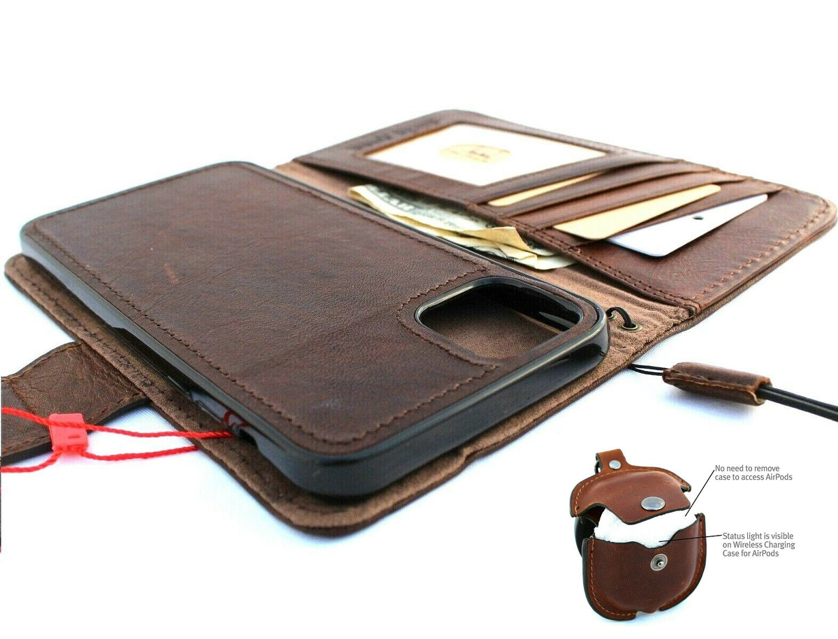 Genuine leather iPhone 11 Pro case by DAVISCASE with vintage wallet design, credit card slots, magnetic closure, and AirPods 2 holder