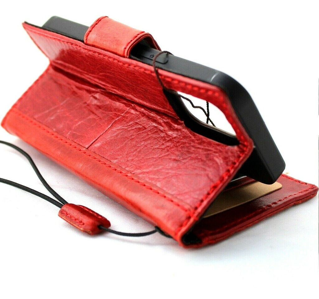 Vintage red genuine leather iPhone 13 Mini wallet case by DAVISCASE with magnetic closure and slim soft cover.
