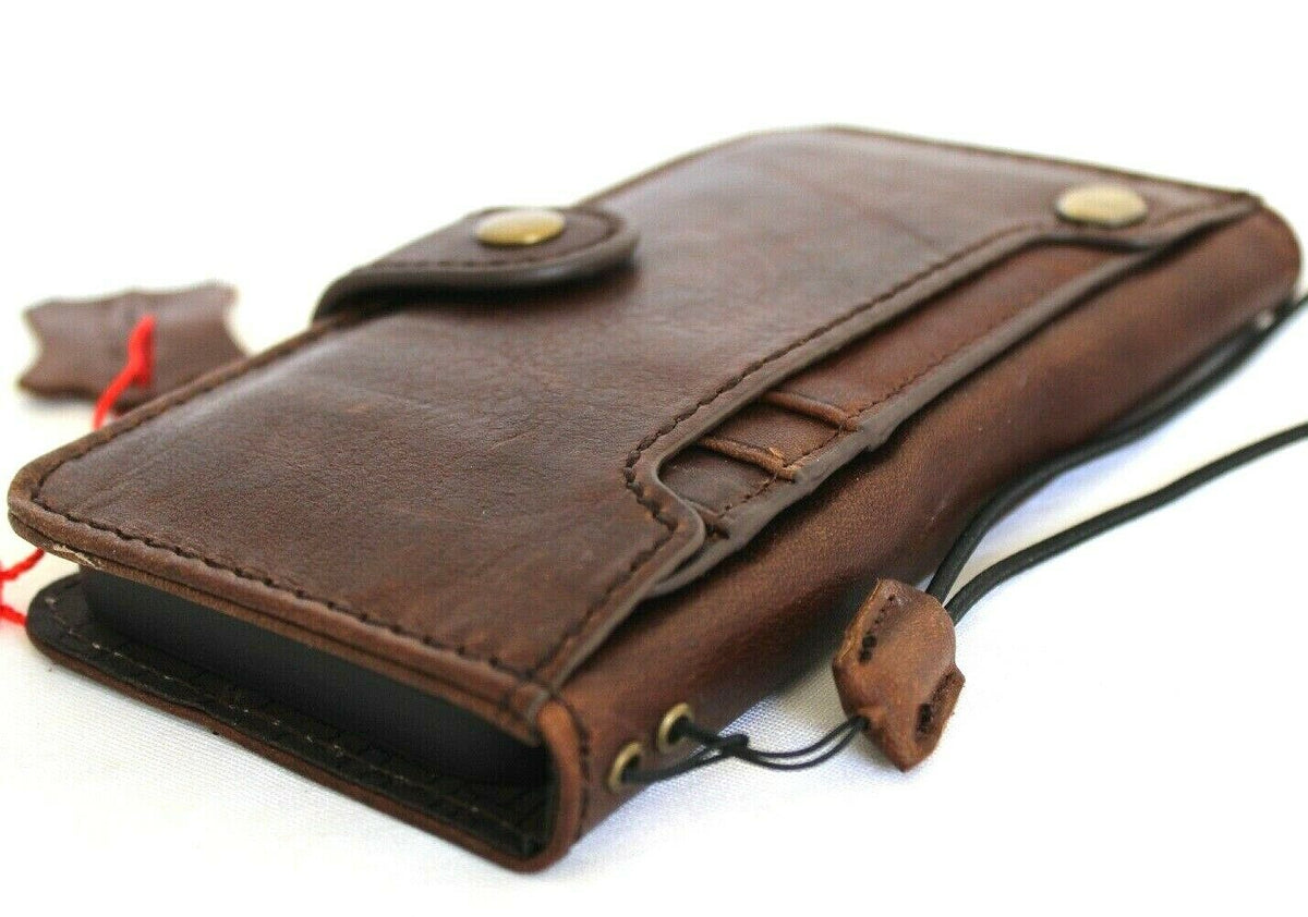Handmade dark leather iPhone 12 Mini case with wallet design, credit card slots, soft closure, and vintage full grain leather by DAVISCASE.