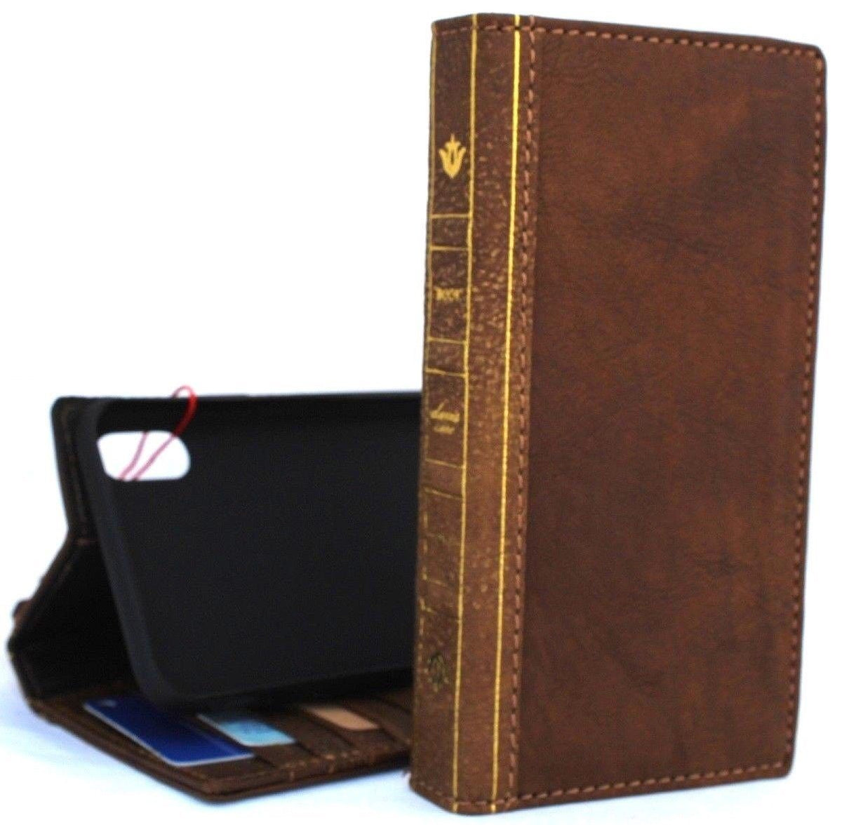 Vintage tan leather iPhone XS case with wallet style, card slots, and slim design, handcrafted for durability and classic style.