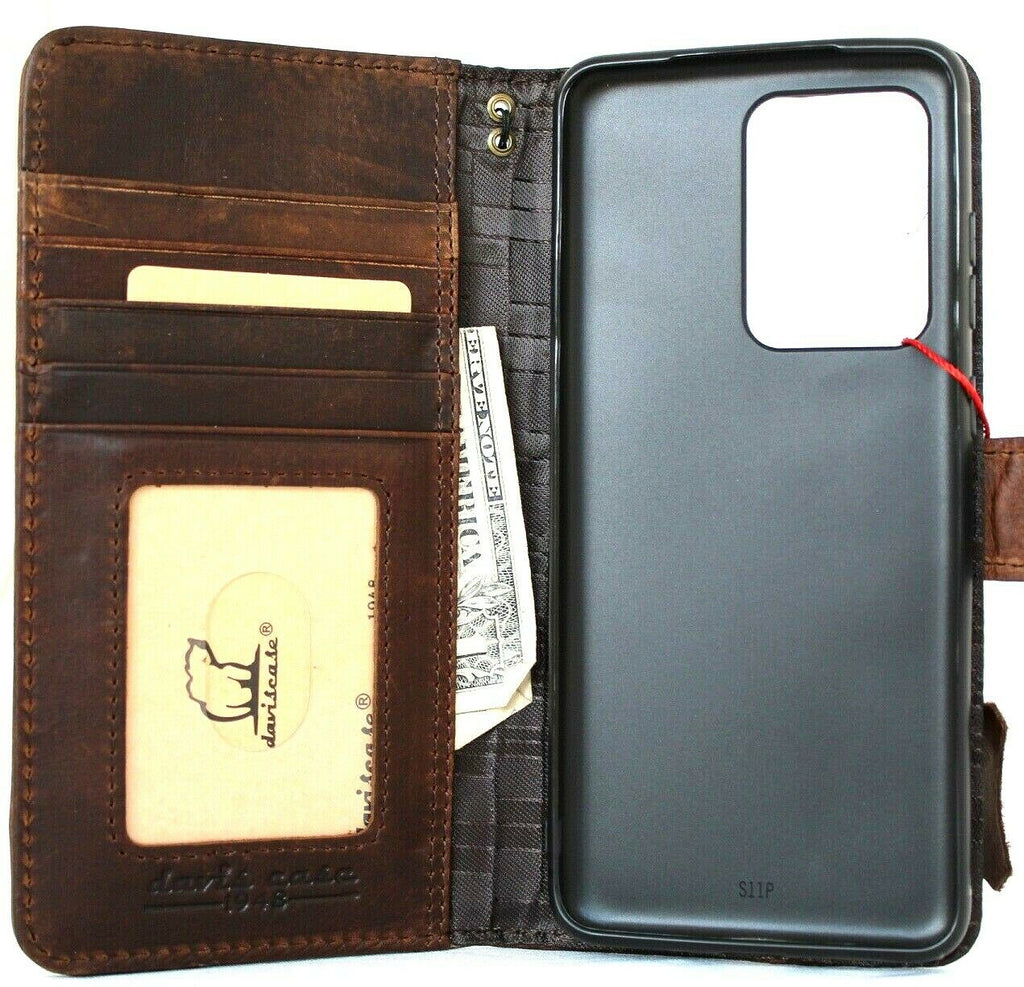 Dark brown genuine top grain leather phone case for Samsung Galaxy S20 Ultra by DAVISCASE with wallet and rubber holder features.