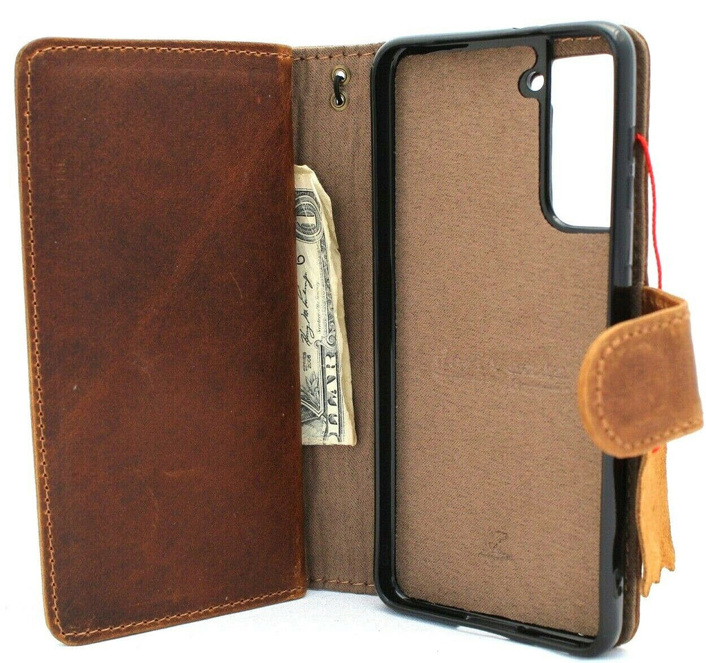 Genuine leather Samsung Galaxy S21 case by DAVISCASE with wallet design, card slots, window, magnetic closure, and removable cover.