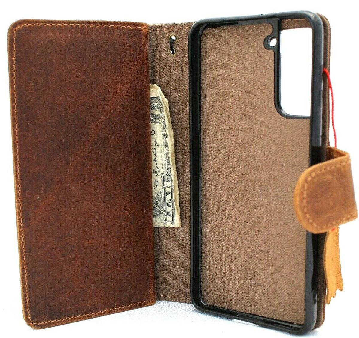 Genuine leather Samsung Galaxy S21 case by DAVISCASE with wallet design, card slots, window, magnetic closure, and removable cover.