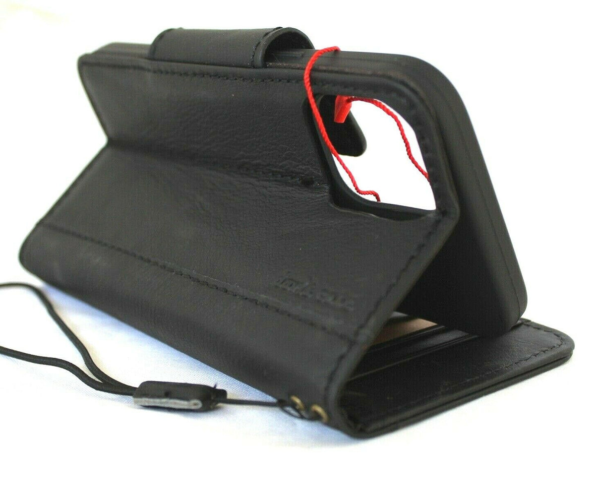 Black genuine leather iPhone 12 Pro Max case with vintage design, credit card slots, soft slim profile, magnetic closure, DavisCase.