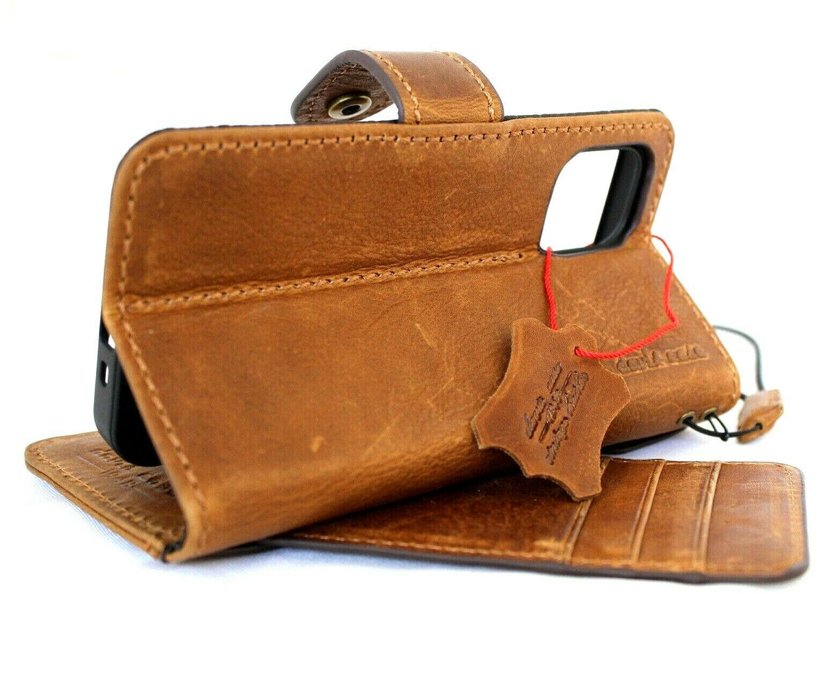 Genuine full tan leather iPhone 12 mini book wallet case with credit card slots, soft closure, vintage style by DAVISCASE.