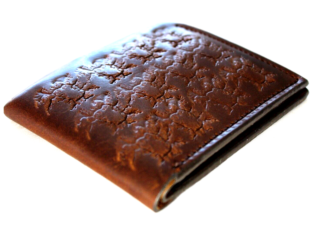 Men's genuine leather wallet by DAVISCASE with credit card slots, bill compartment, handcrafted carved brown leather with crack and cobweb details.
