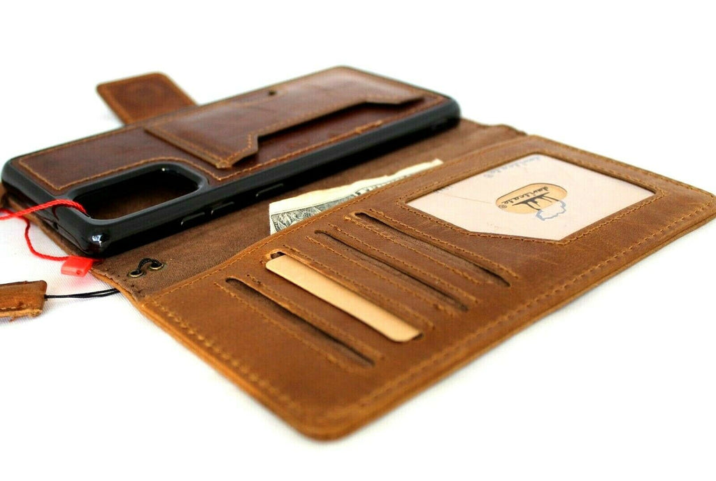 DavisCase full leather wallet case for Samsung Galaxy S20 Plus with soft tan finish, card slots, detachable holder, and rubber window.