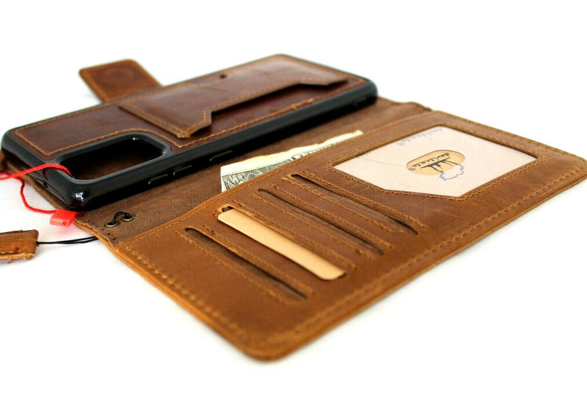 DavisCase full leather wallet case for Samsung Galaxy S20 Plus with soft tan finish, card slots, detachable holder, and rubber window.
