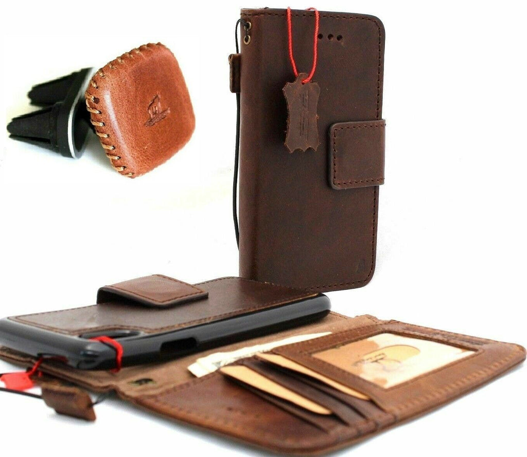 Genuine leather iPhone XS case by DAVISCASE with wallet-style design, credit card slots, removable magnet, and slim protective cover