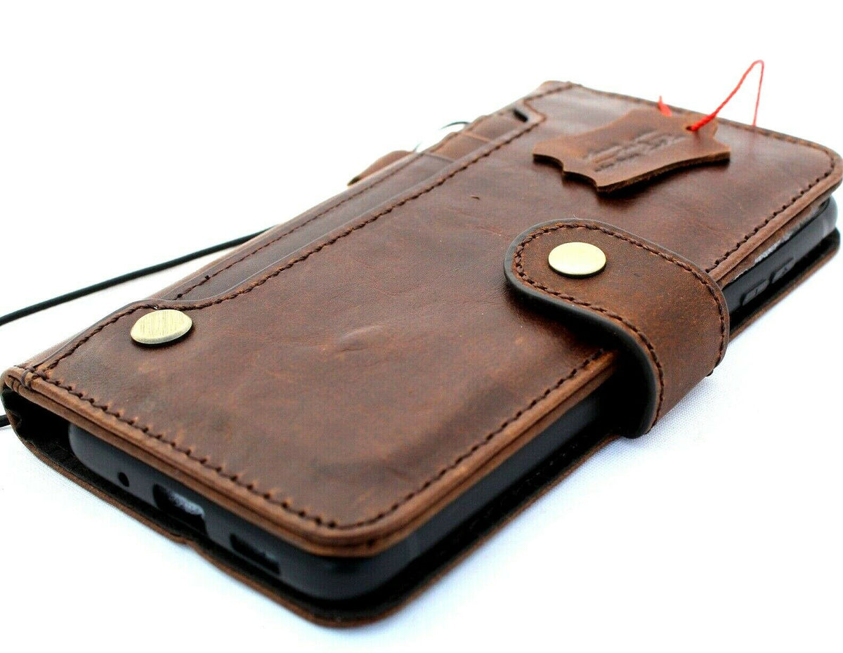 Handmade dark brown Italian leather Samsung Galaxy S20 wallet case with rubber holder, compatible with wireless charging by DavisCase.