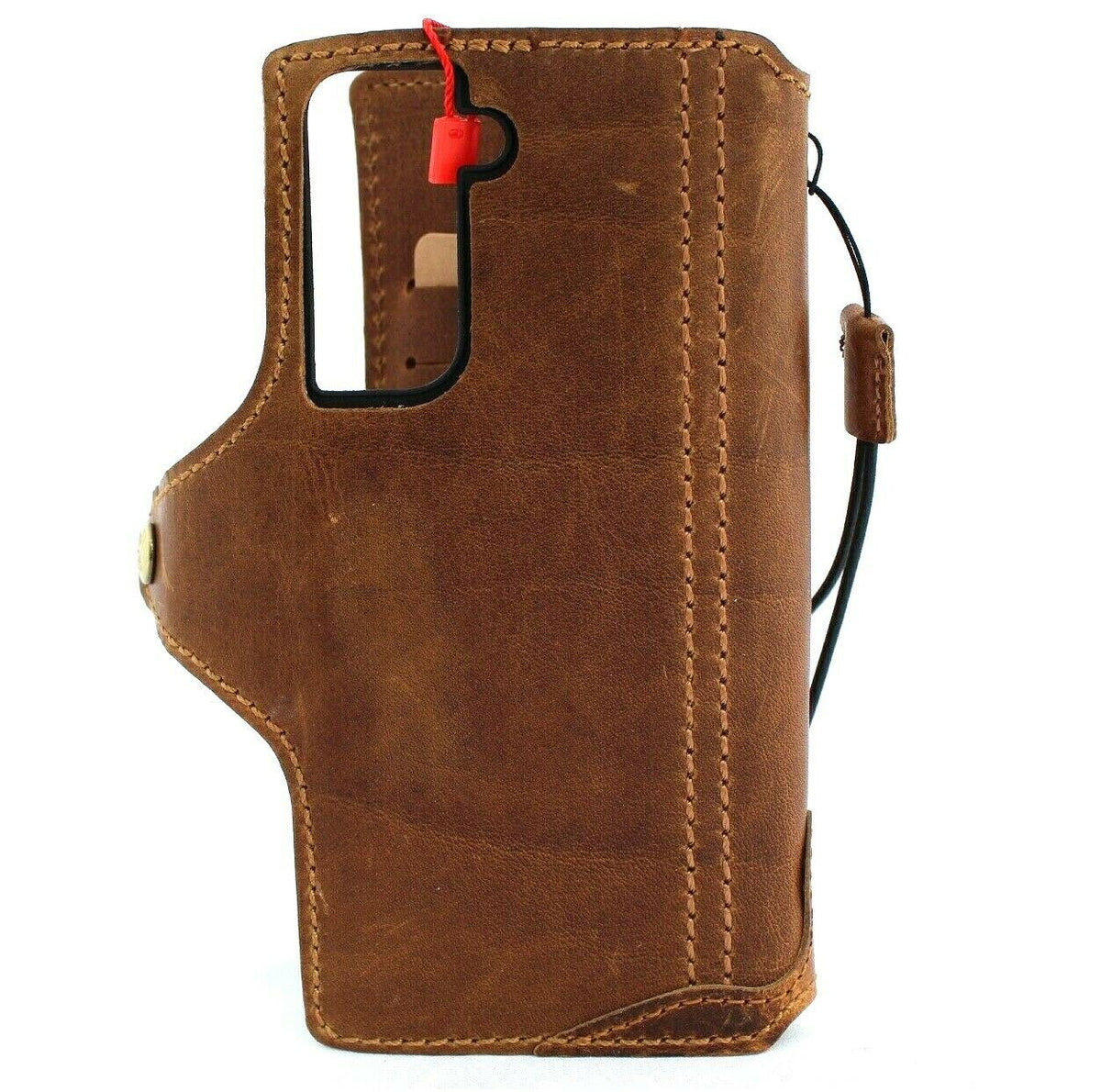 Handmade genuine leather Samsung Galaxy S21 book wallet case in tan with rubber holder, slim design, compatible with wireless charging.