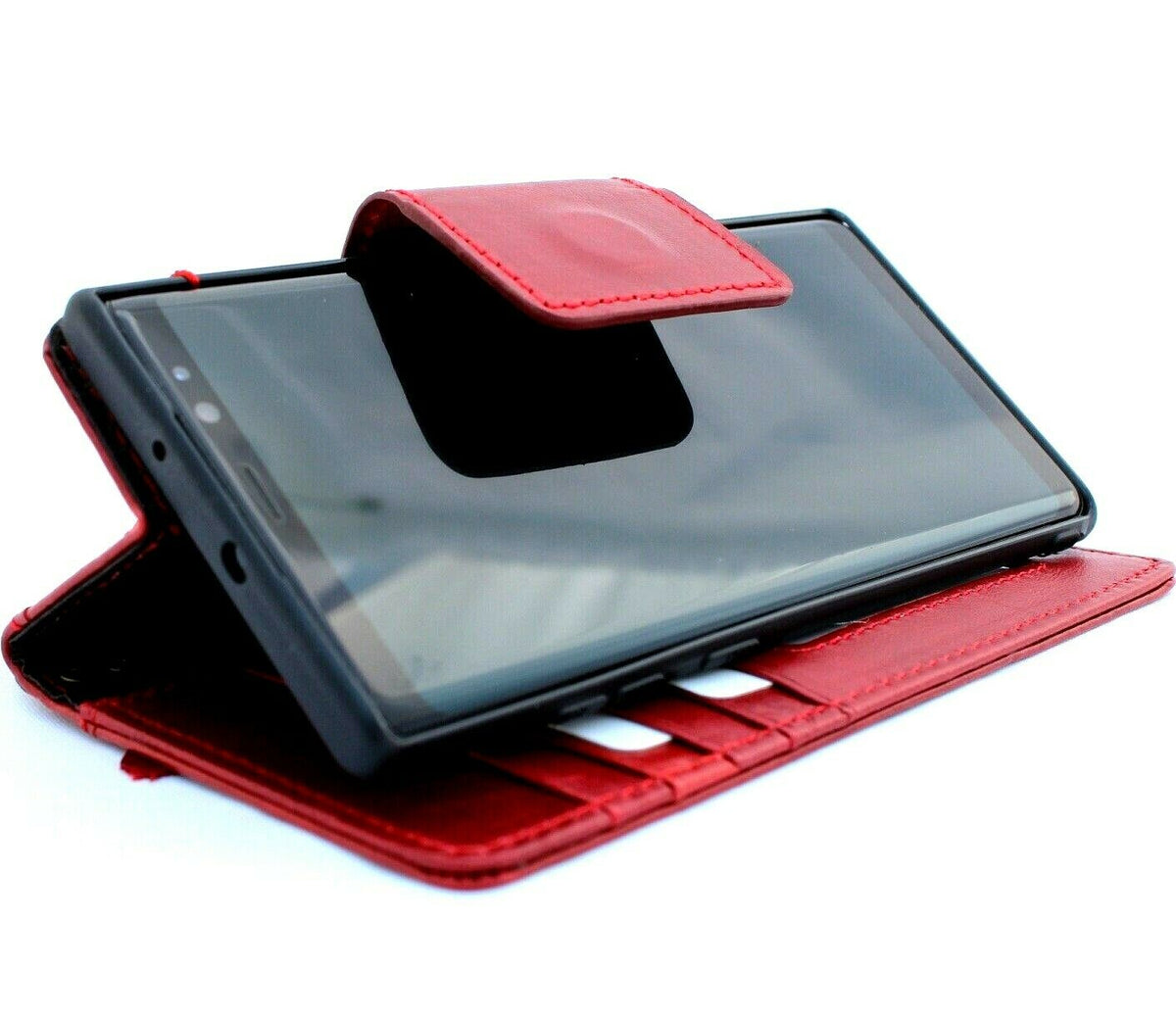 Red genuine leather flip wallet case for Samsung Galaxy Note 10 Plus, handmade by DAVISCASE with card slots and magnetic closure.