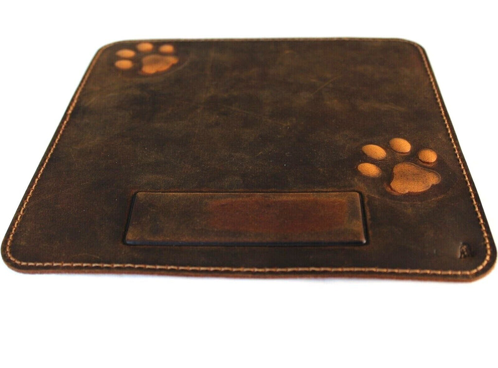 Handcrafted vintage leather iPad case featuring a dog paw and cat design by DAVISCASE, with soft, genuine leather material.