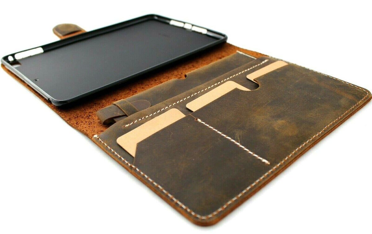 Handmade genuine soft leather iPad mini 6 case by DAVISCASE with card slots, vintage design, pen holder, and rubber accents.
