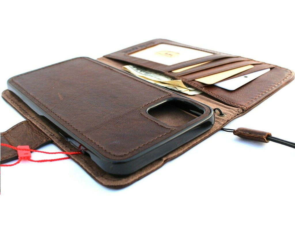 Handmade genuine leather iPhone 11 Pro Max case with wallet credit holder, magnetic closure, and removable rubber insert by DAVISCASE.