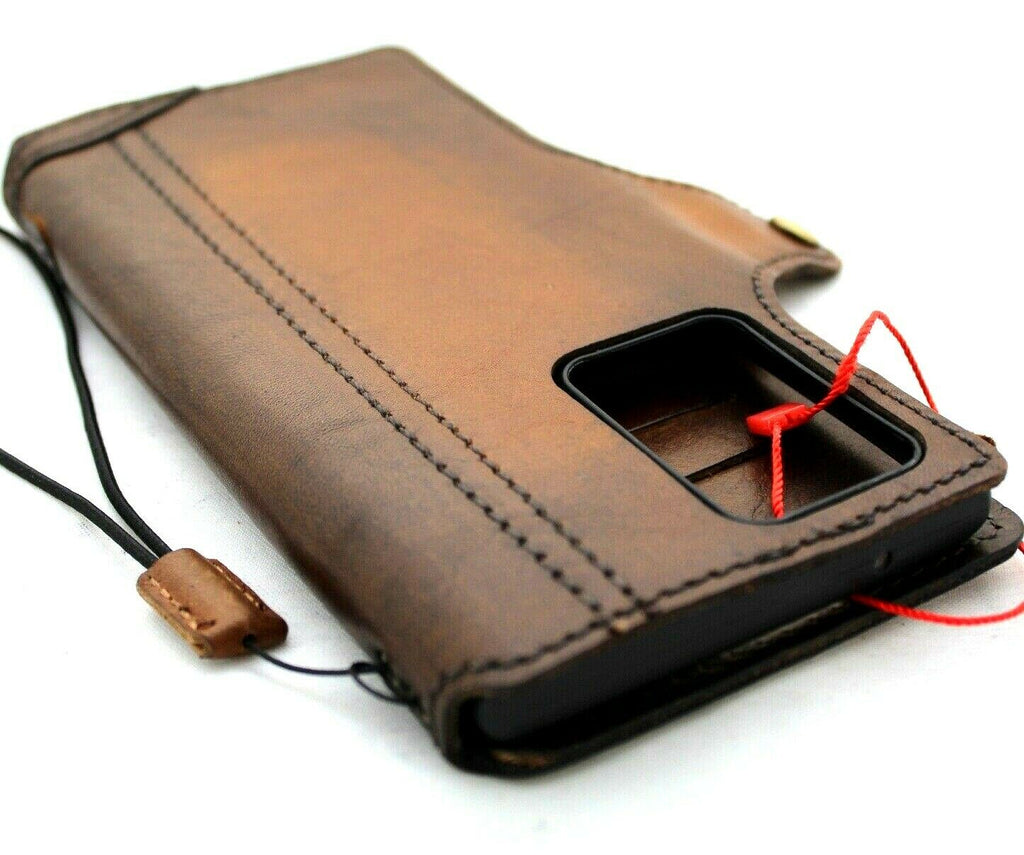 Handmade dark oiled genuine leather Samsung Galaxy S20 Ultra case with wallet design, holder cover, and space for wireless charging by DAVISCASE.