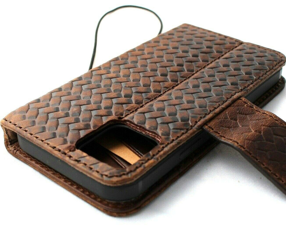 Handmade genuine dark leather iPhone 12 Pro case with book wallet design, ID window, credit card slots, and magnetic closure.