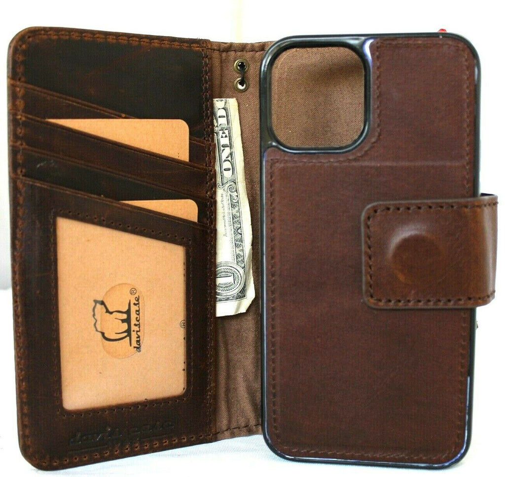 Genuine soft dark leather iPhone 12 Pro case by DAVISCASE with book wallet style, ID window, credit card slots, and magnetic closure.