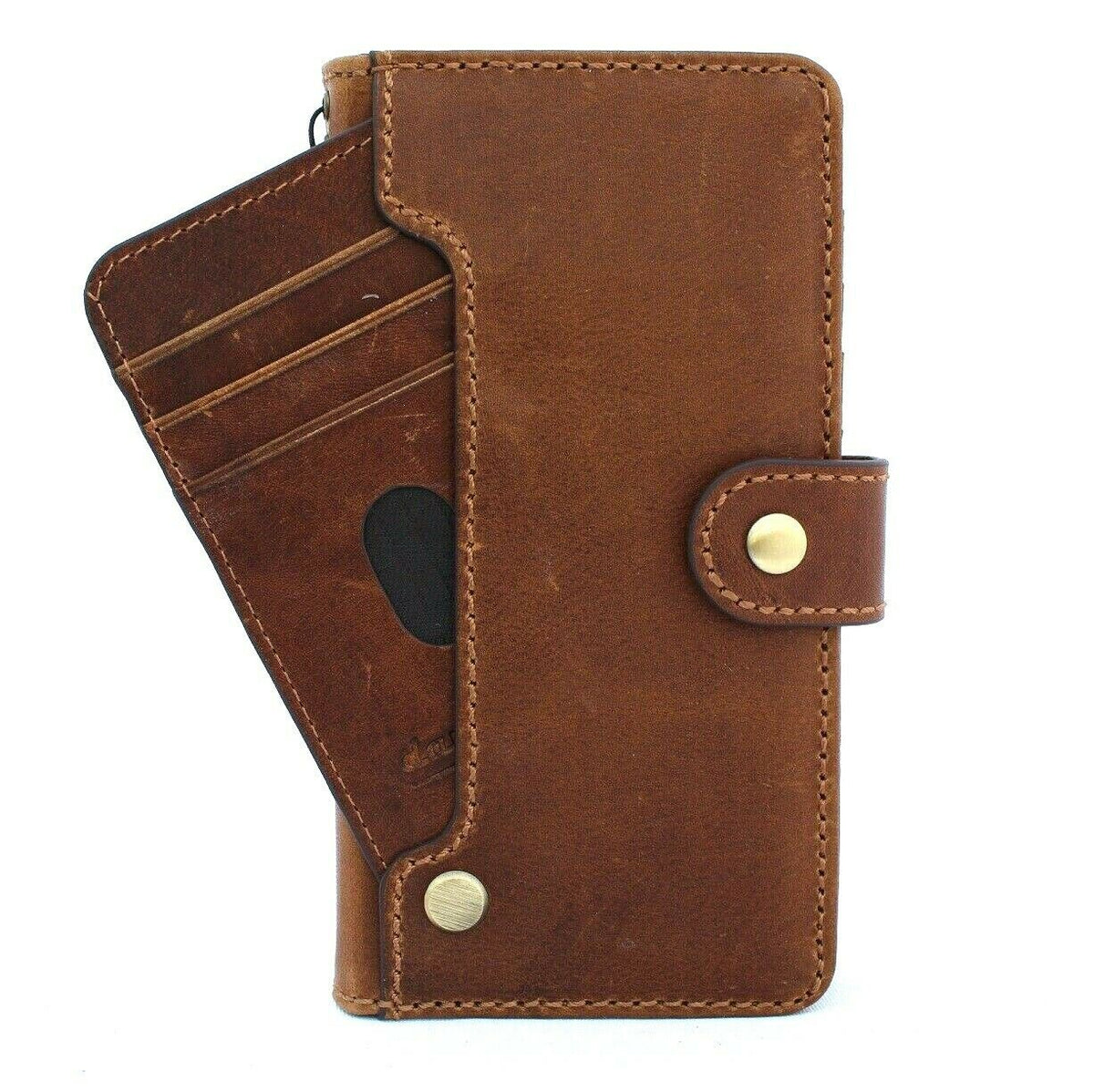 Genuine tan leather Samsung Galaxy S21 book wallet case with card holder, handmade by DAVISCASE for wireless charging and business use