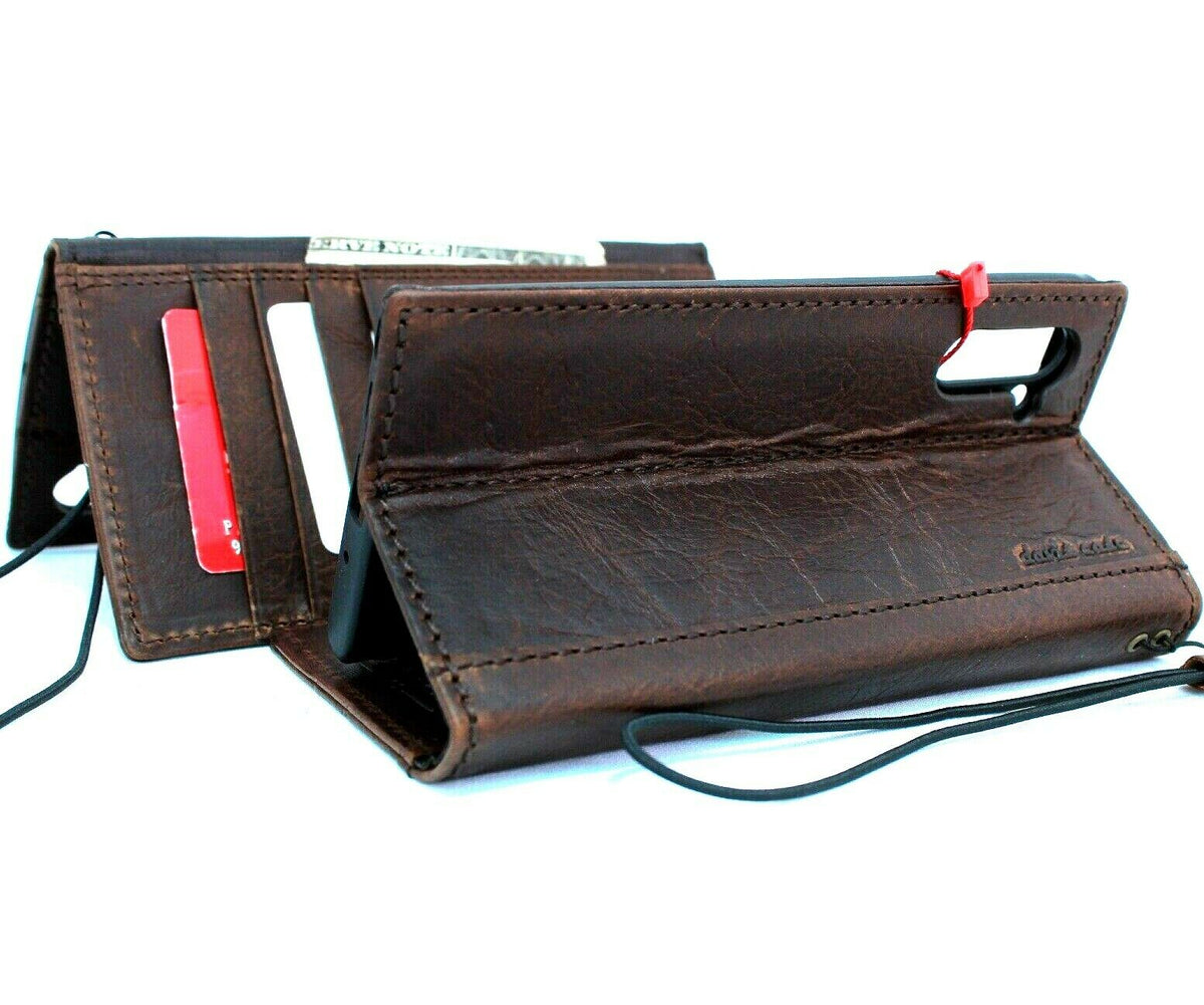 Genuine full leather Samsung Galaxy Note 10 case with card slots, stand feature, and wireless charging compatibility.