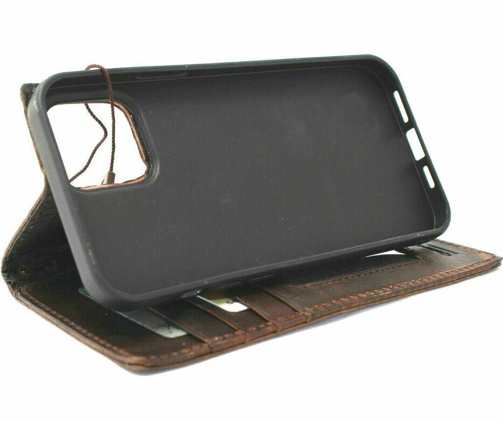 Handmade genuine leather phone case by DAVISCASE for iPhone 11-15 Pro Max, Galaxy S21 Ultra, Note 10, A52, with vintage wallet style.