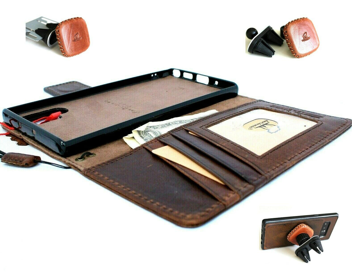 Dark brown genuine vintage leather Samsung Galaxy Note 10 Plus book wallet case with card slots, removable holder, stand, and magnetic features.