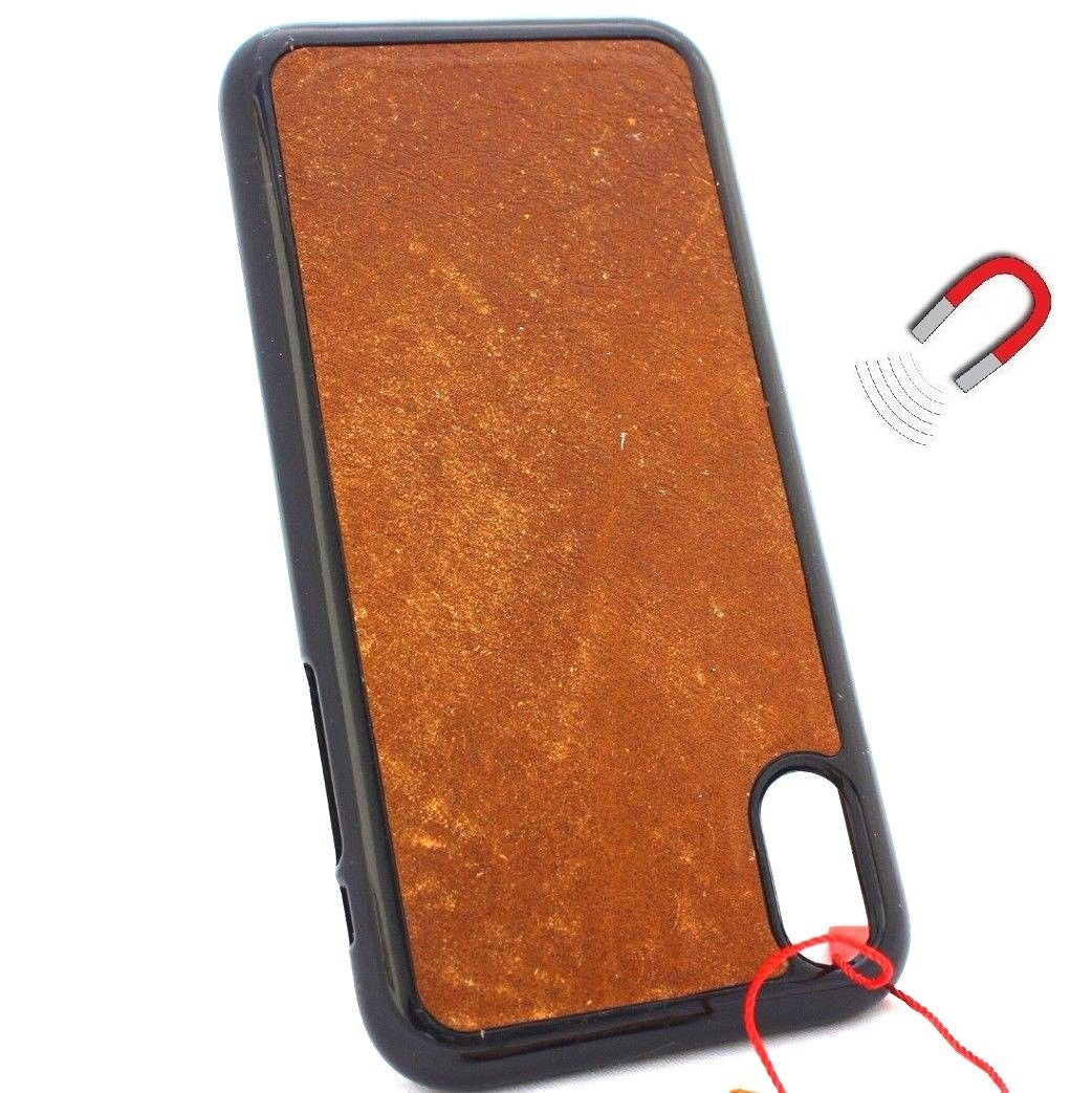 Vintage bright brown genuine leather iPhone X book wallet case by DAVISCASE, featuring a slim magnetic cover and handcrafted design.