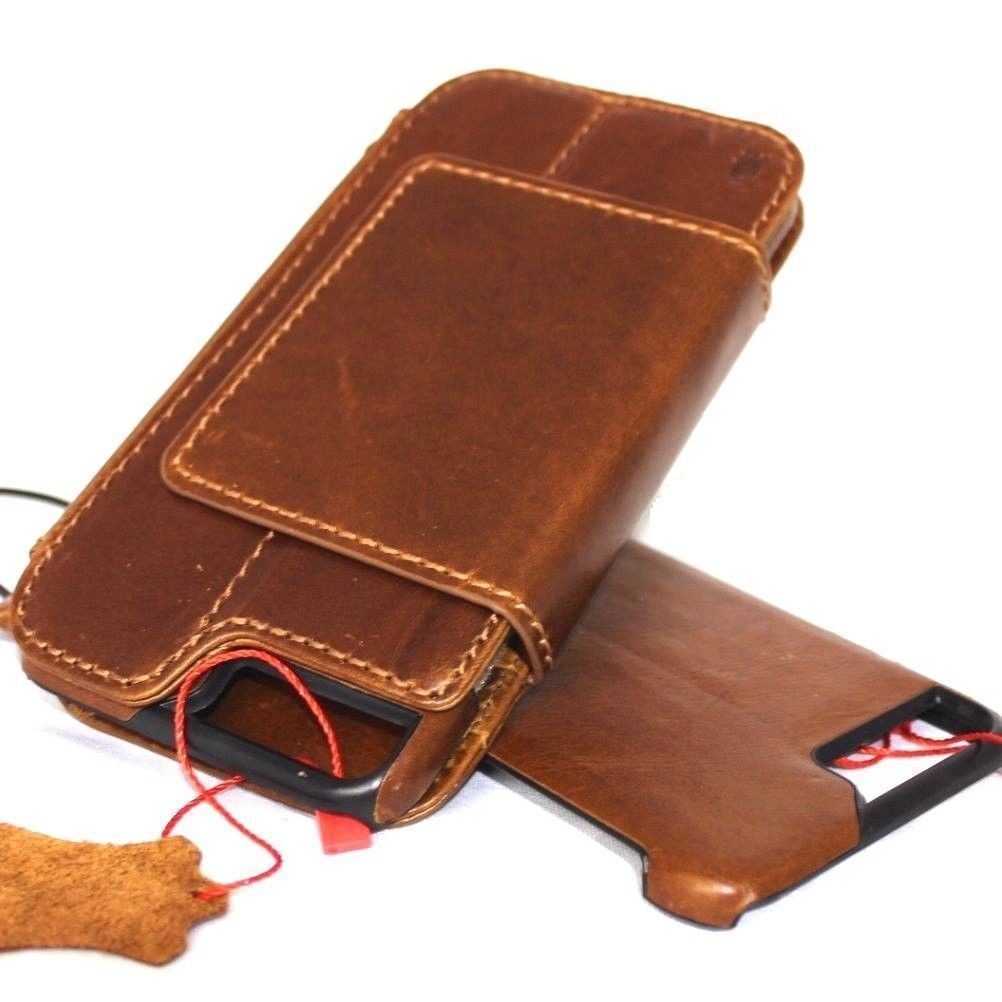 Genuine full leather iPhone 8 case with wallet design, card slots, magnetic closure, and detachable cover in classic style.