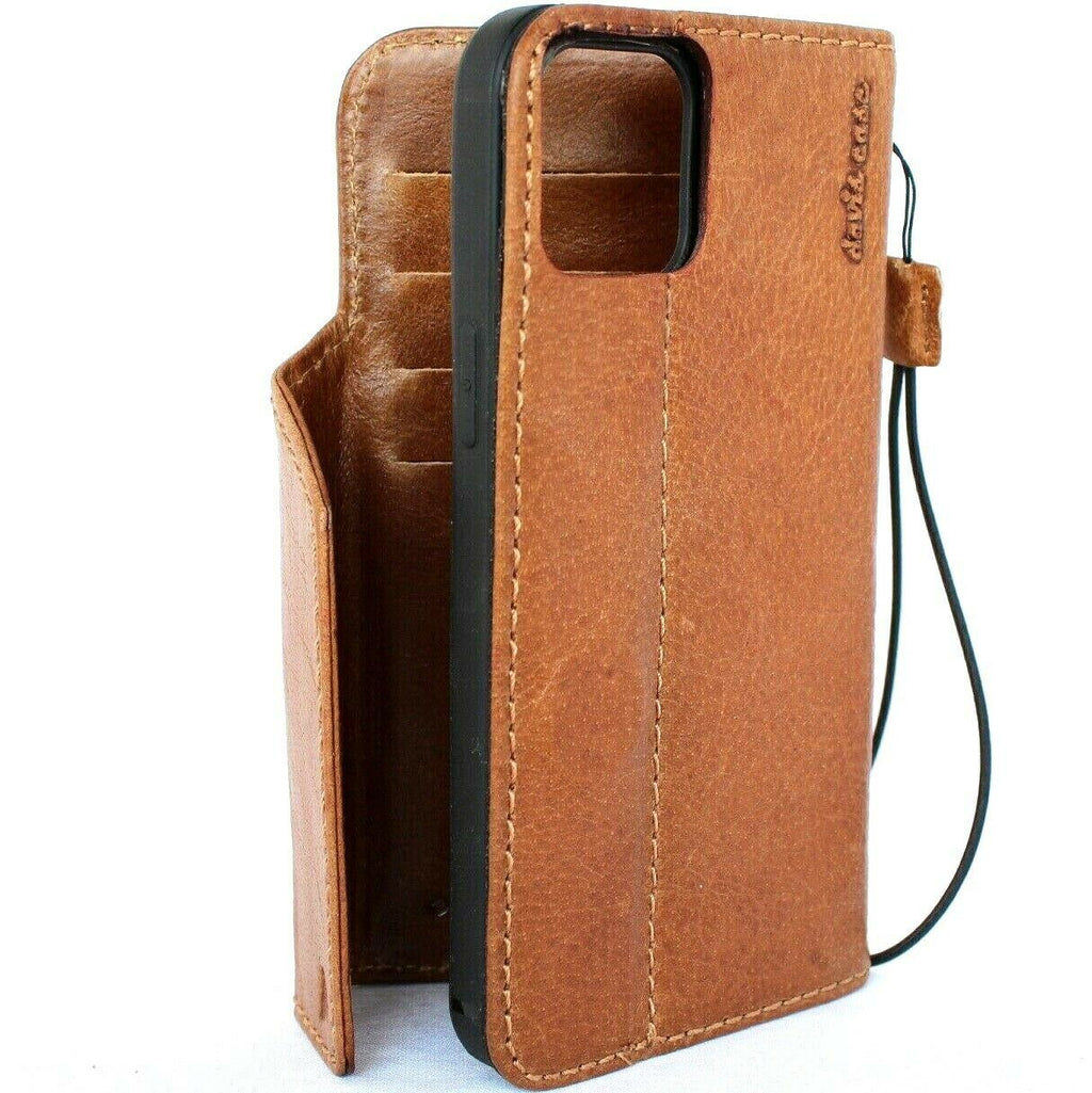 Genuine tan leather wallet case for Apple iPhone 12 Pro Max by DavisCase, with credit card slots and soft cover.