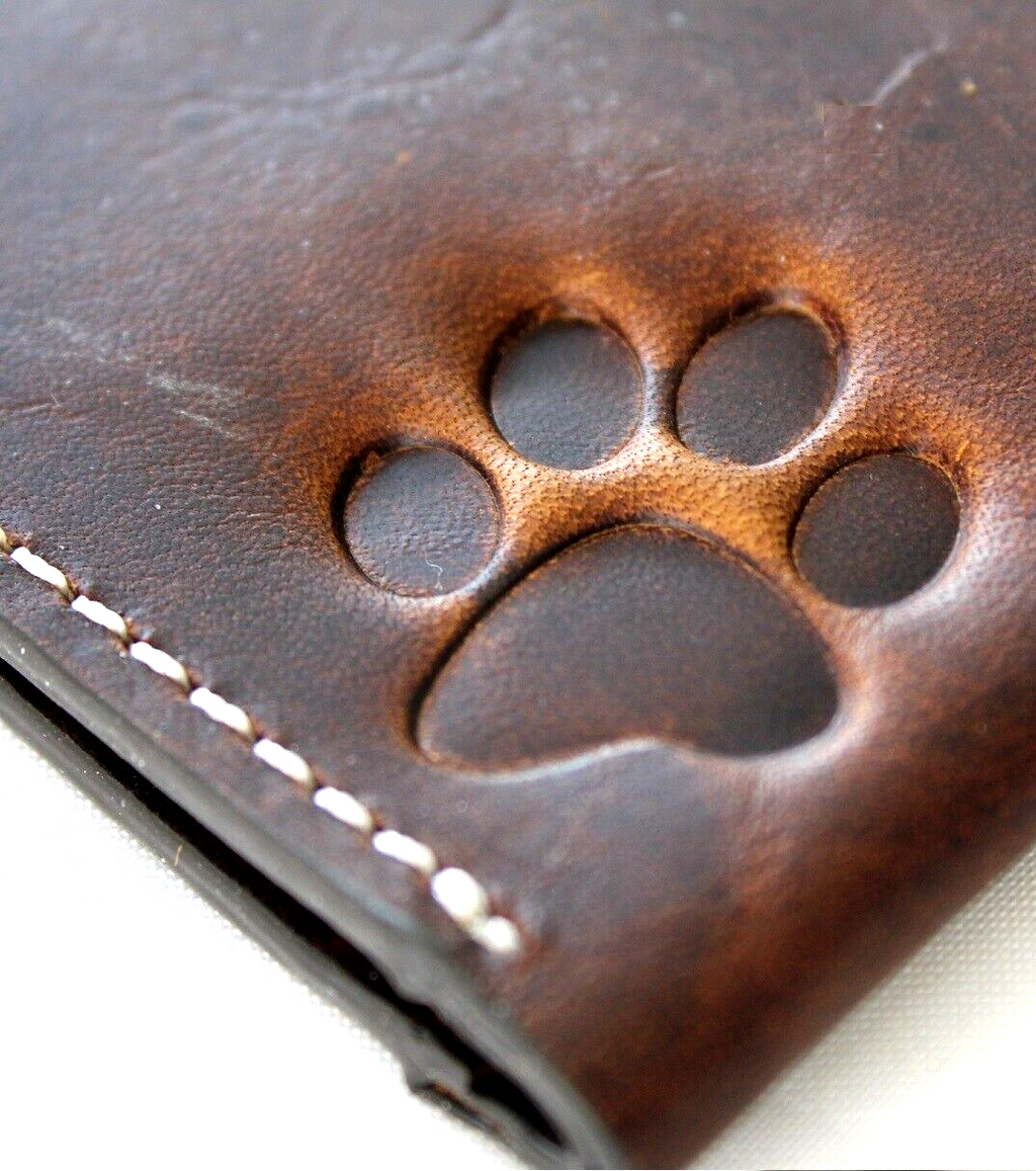 Men's genuine brown leather wallet with credit card slots and bill compartment, featuring dog paw and cat designs by DAVISCASE.