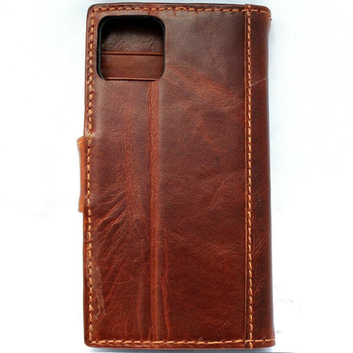 Handmade DAVISCASE leather phone wallet case for iPhone 11-13 Pro, featuring vintage style, ID window, credit card slots, and full grain leather.