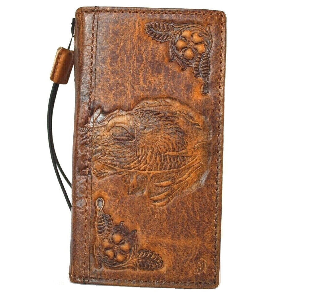 Genuine leather phone case for iPhone and Samsung, DAVISCASE handmade vintage tan wallet cover with credit card slots and artistic stamping.