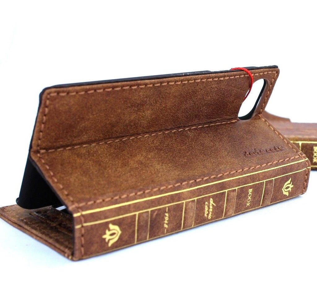 Vintage leather wallet case for iPhone 8 with card slots, slim design, and wireless charging compatibility.