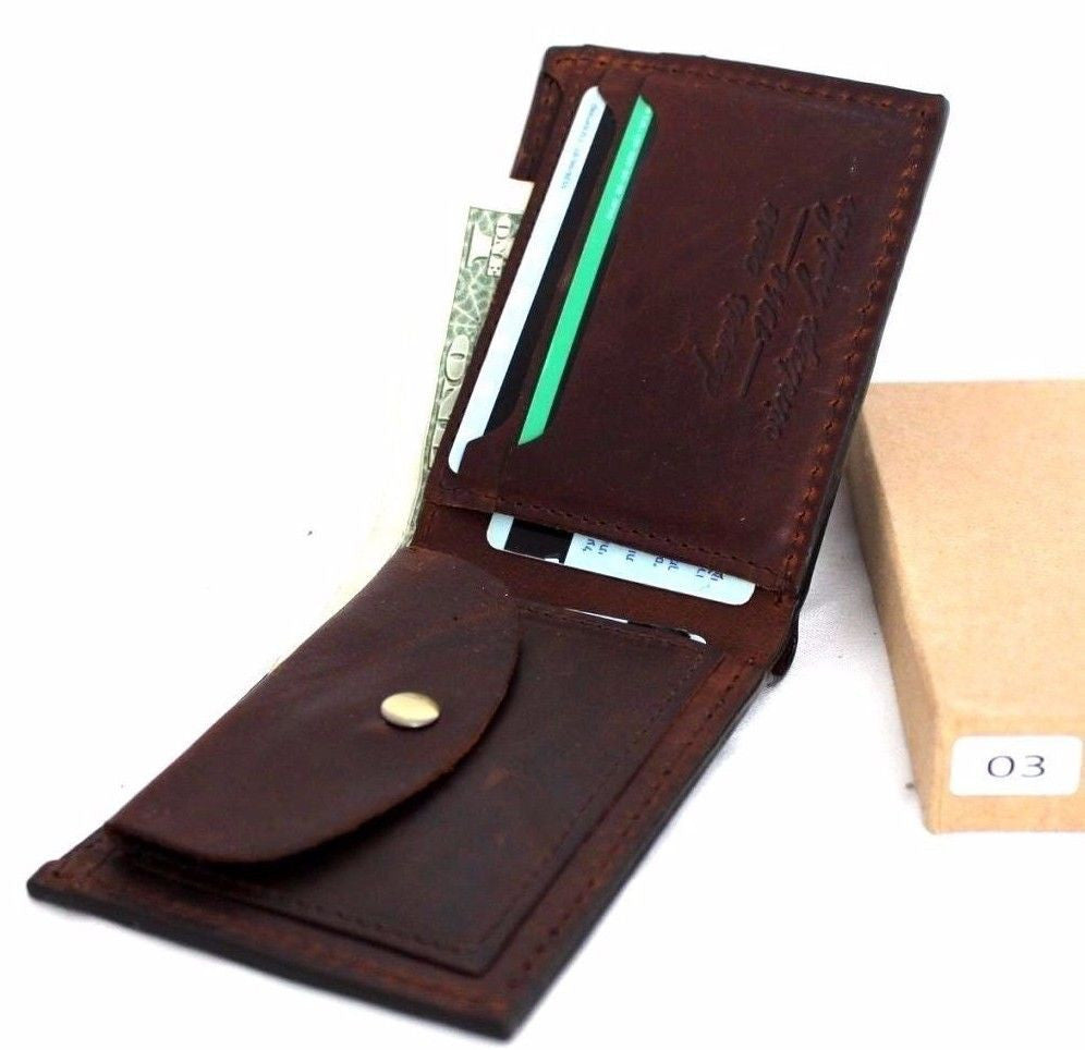 Men's brown leather wallet with four credit card slots and a bill compartment, slim bifold design, made of natural leather.