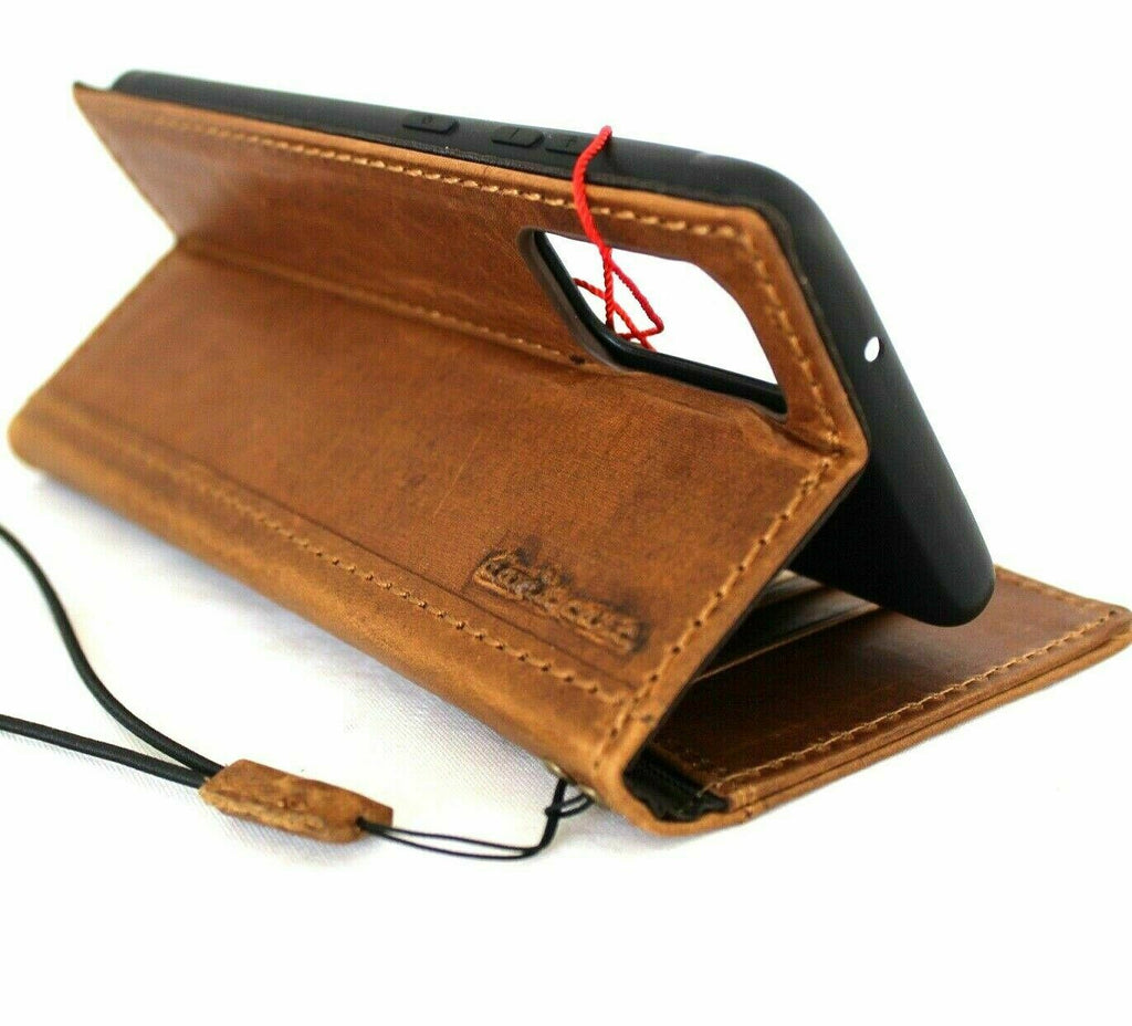 Genuine leather Samsung Galaxy S21 book wallet case by DAVISCASE with ID window, card slots, wireless charging holder, in tan color