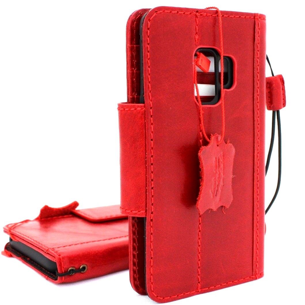 Wine red genuine leather wallet phone case for Samsung Galaxy S9 with handmade Jafo design and magnetic closure.