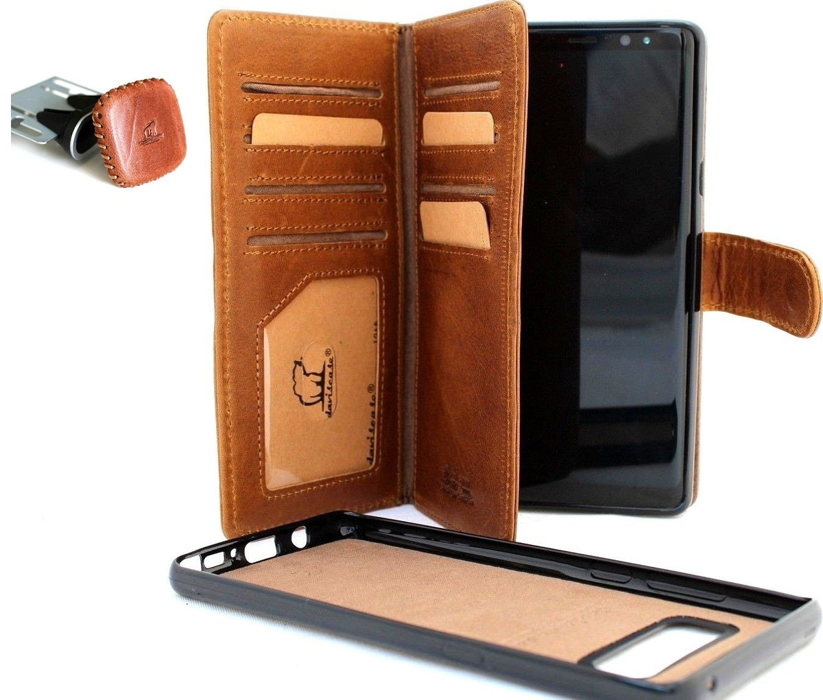 Genuine full tanned leather Galaxy Note 8 wallet case with card slots, ID window, magnetic closure, and magnetic car holder by DavisCase.