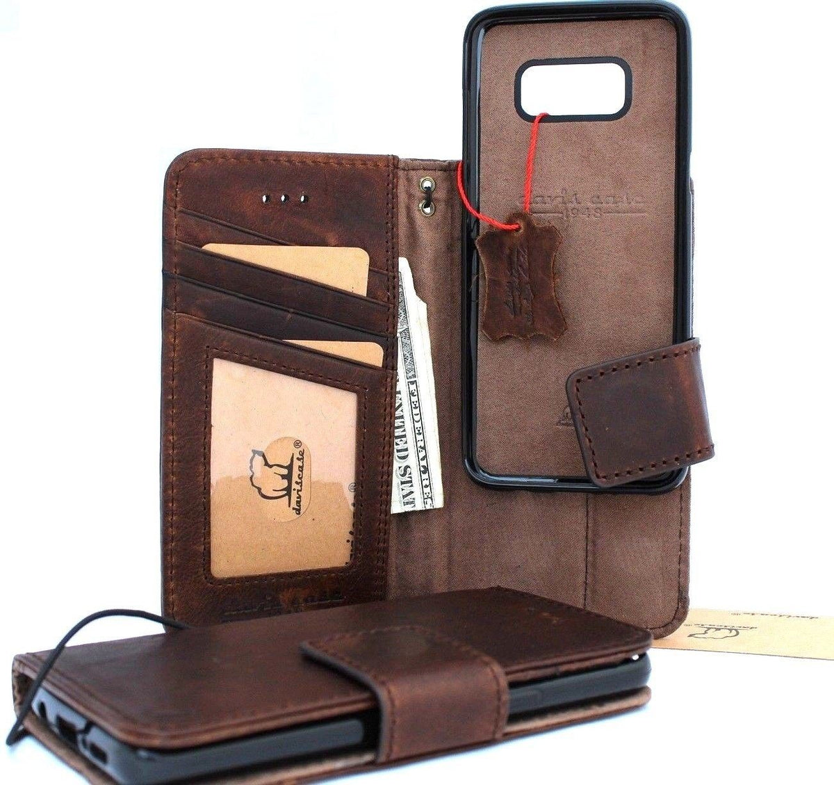 Vintage leather Samsung Galaxy S8 Plus case with wallet features, magnetic closure, card slots, and detachable holder by DAVISCASE.