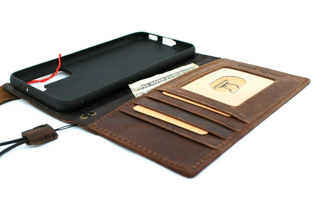 Genuine leather Samsung Galaxy S21 wallet case by DAVISCASE with card slots, wireless charging holder, and luxury rubber ID slot.